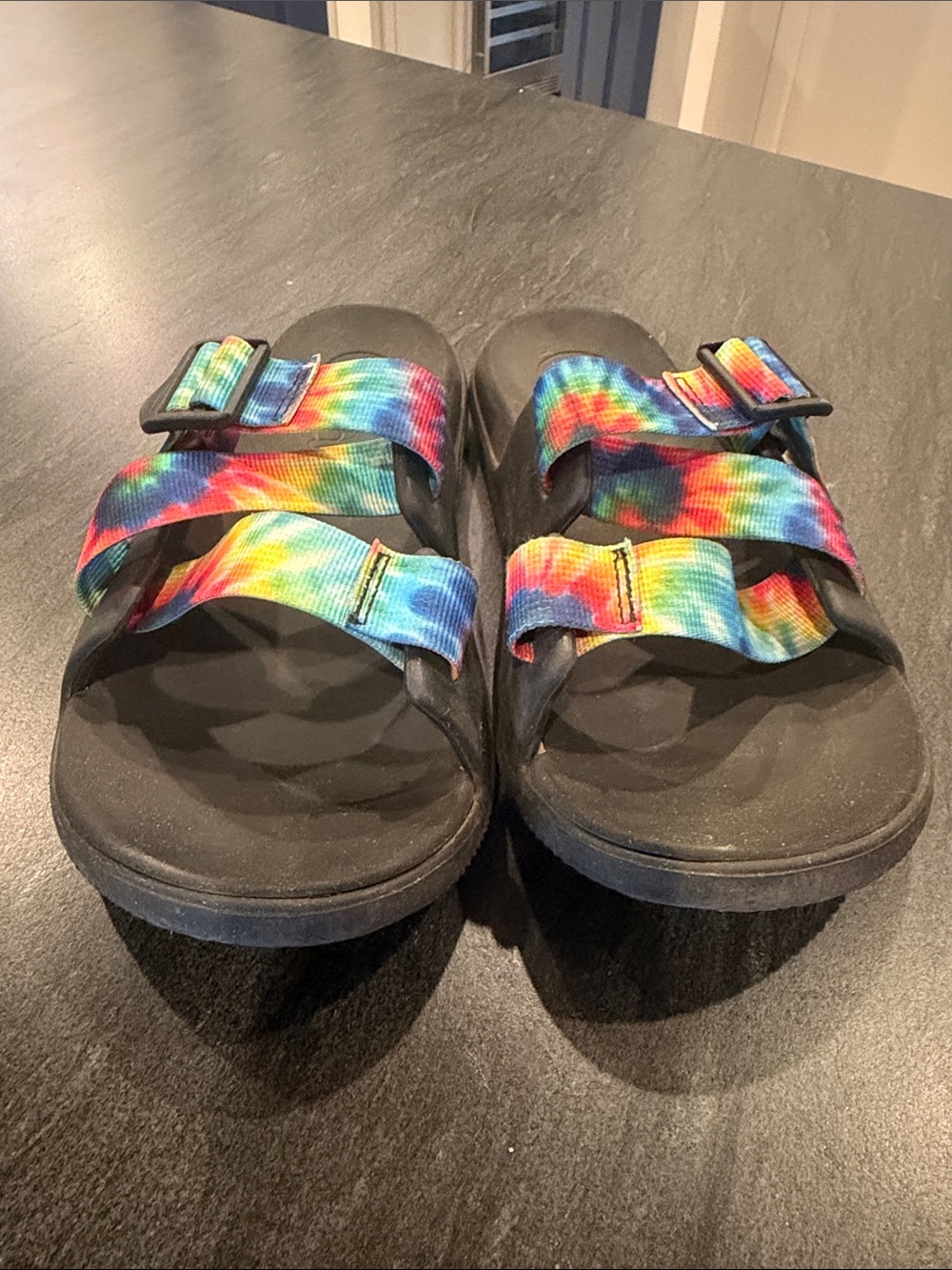 Chaco women Tie-Dye Rainbow Strap Sandals with Black Footbed